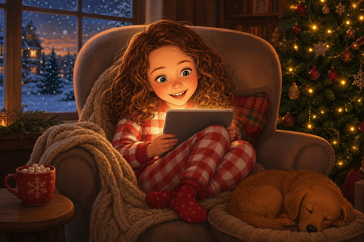 A girl reading on a tablet by the Christmas tree