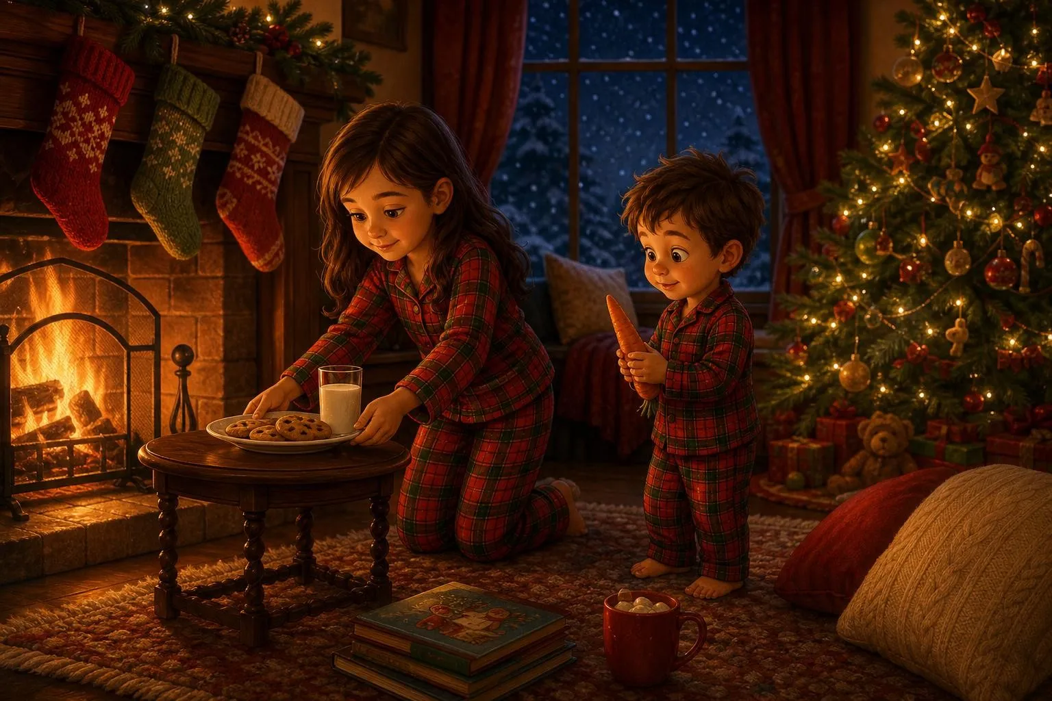 Two children in plaid pajamas putting out a plate of cookies, a glass of milk and a carrot by the fireplace on Christmas Eve