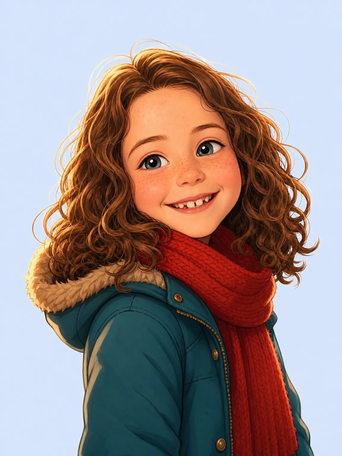 Versione disegnata A della stessa bambina, con un cappotto verde acqua e una sciarpa rossa.