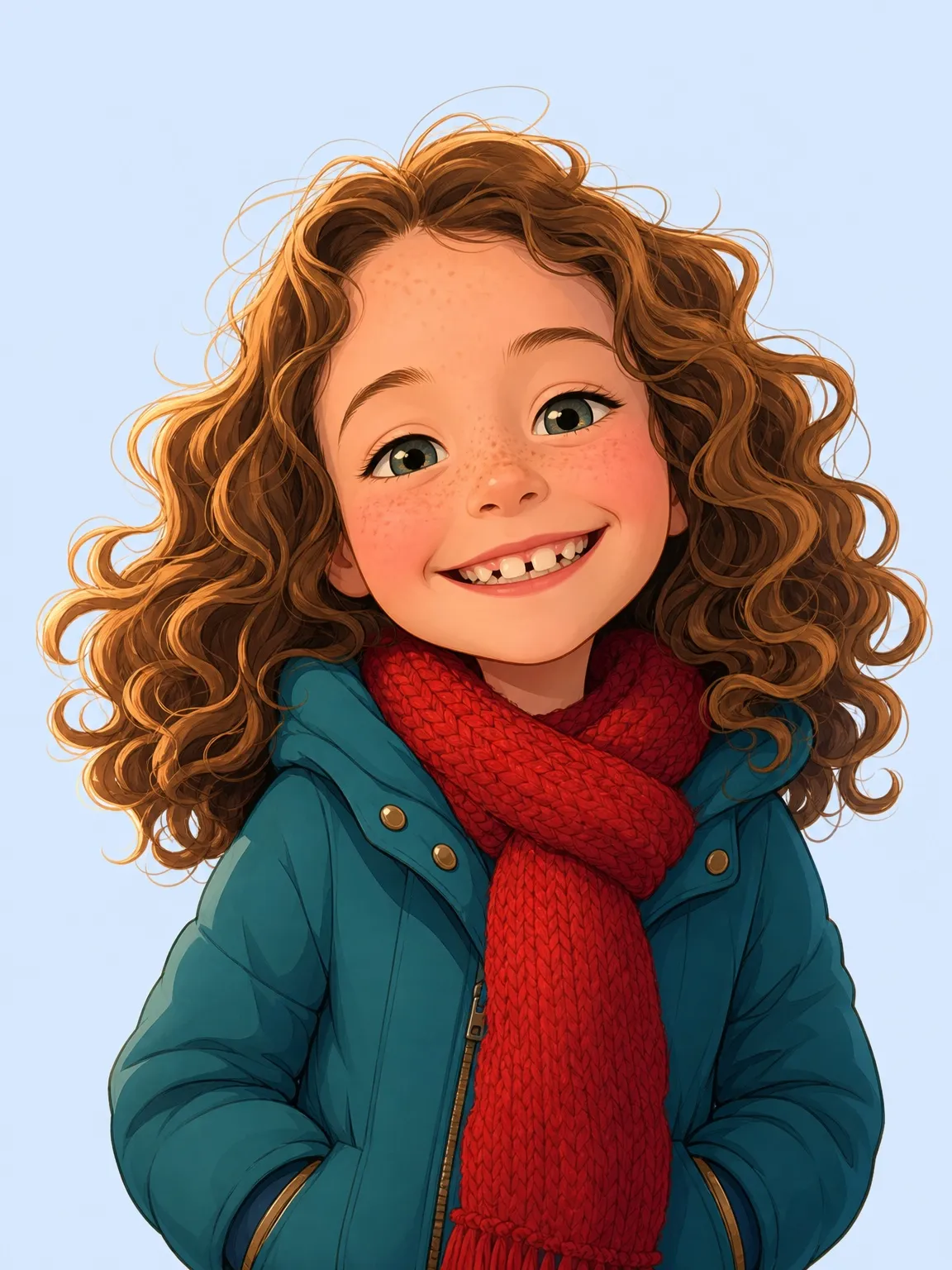 Versione disegnata B della stessa bambina, sorridente con le mani in tasca.
