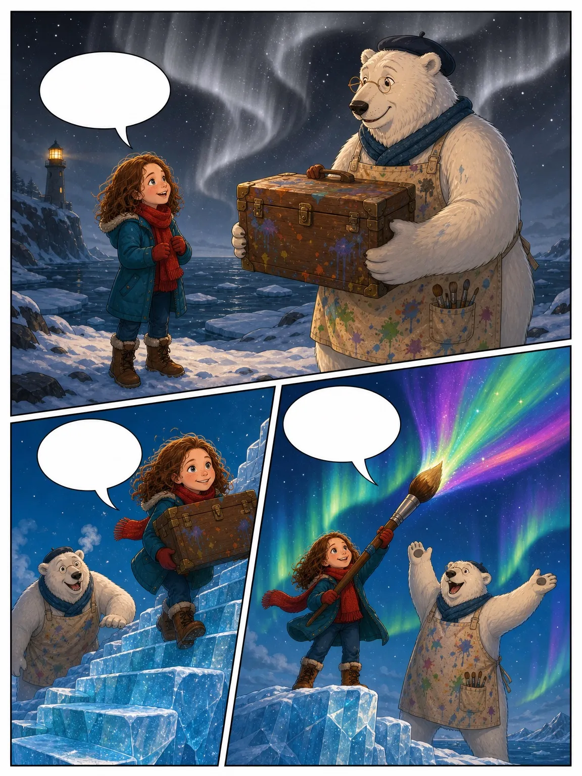 Pagina di fumetto dimostrativa in tre vignette: sotto un cielo grigio del Nord, Nora incontra Bruno, un vecchio orso polare pittore; porta la sua cassetta dei colori su per scale di ghiaccio scintillanti; poi dipinge il cielo di luci verdi e viola con un pennello gigante.
