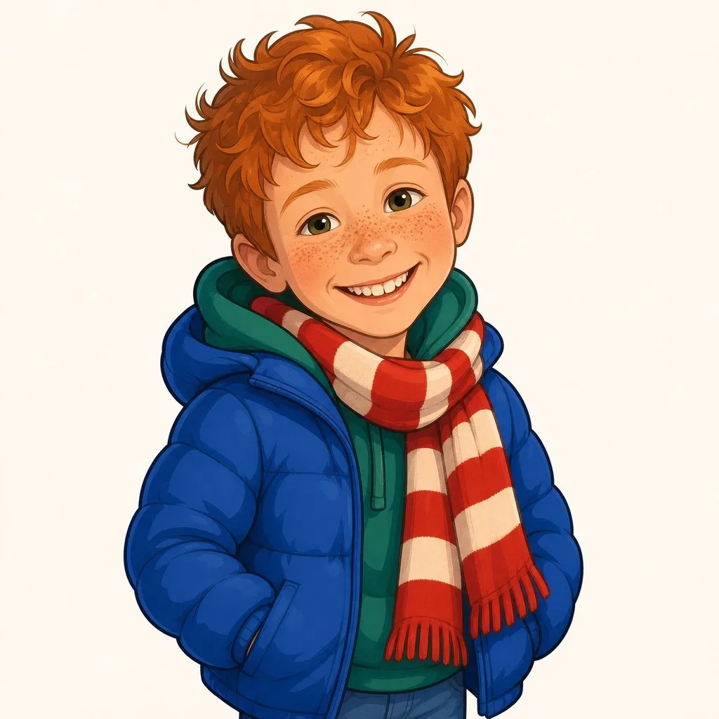 Finn als Comicfigur: ein Junge mit roten Haaren und Sommersprossen, in einer blauen Steppjacke und einem gestreiften Schal.