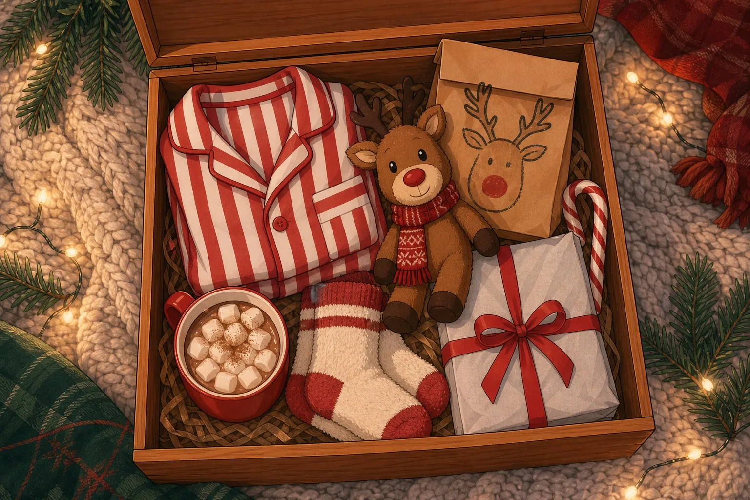 A Christmas Eve box with pyjamas, socks, hot chocolate and a reindeer toy