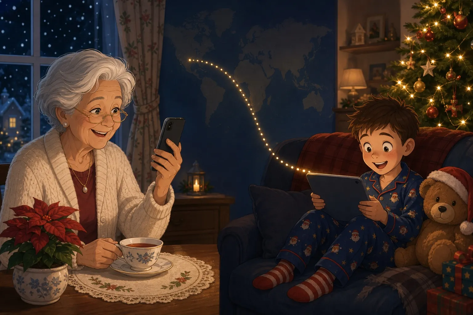 A grandmother on a video call with her grandson far away