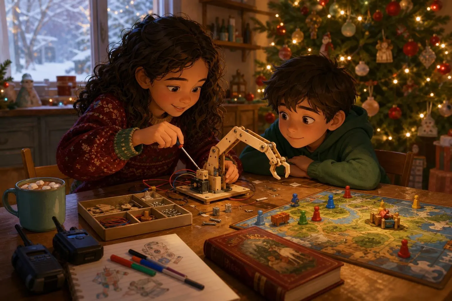 A ten-year-old girl building a wooden robot arm kit at a kitchen table, with a strategy board game, walkie-talkies and a sketchbook around her