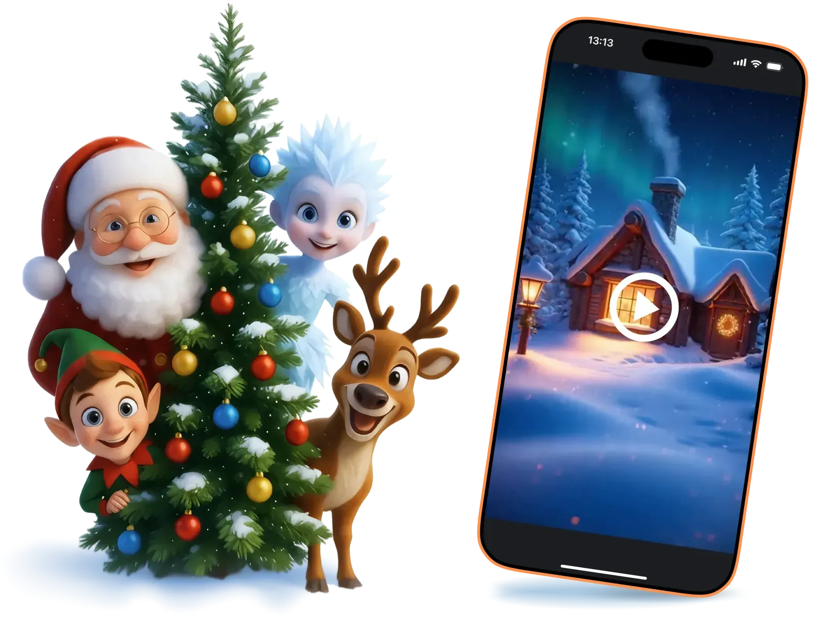 Weihnachtsmann, Weihnachtself, Schneeflocke und Rentier neben einem Handy, auf dem ein Santa-Cards-Video läuft
