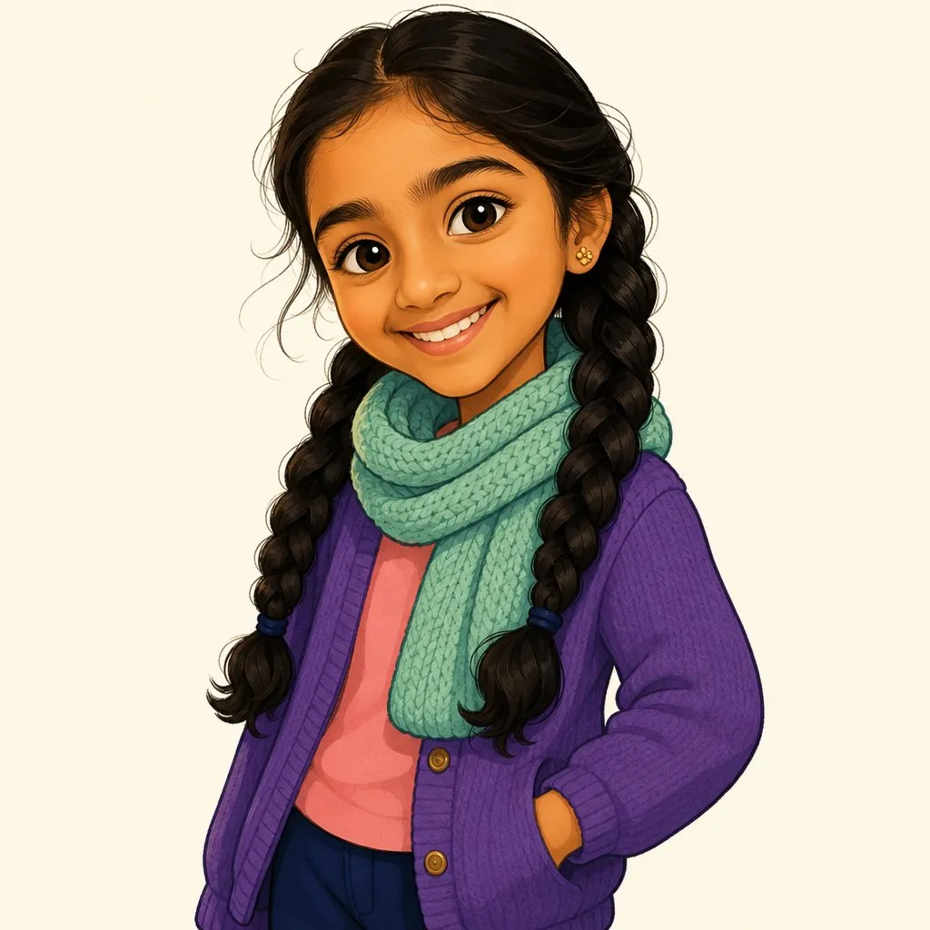 Priya als Comicfigur: ein Mädchen mit langen dunklen Zöpfen, in einer lila Strickjacke und einem mintgrünen Schal.