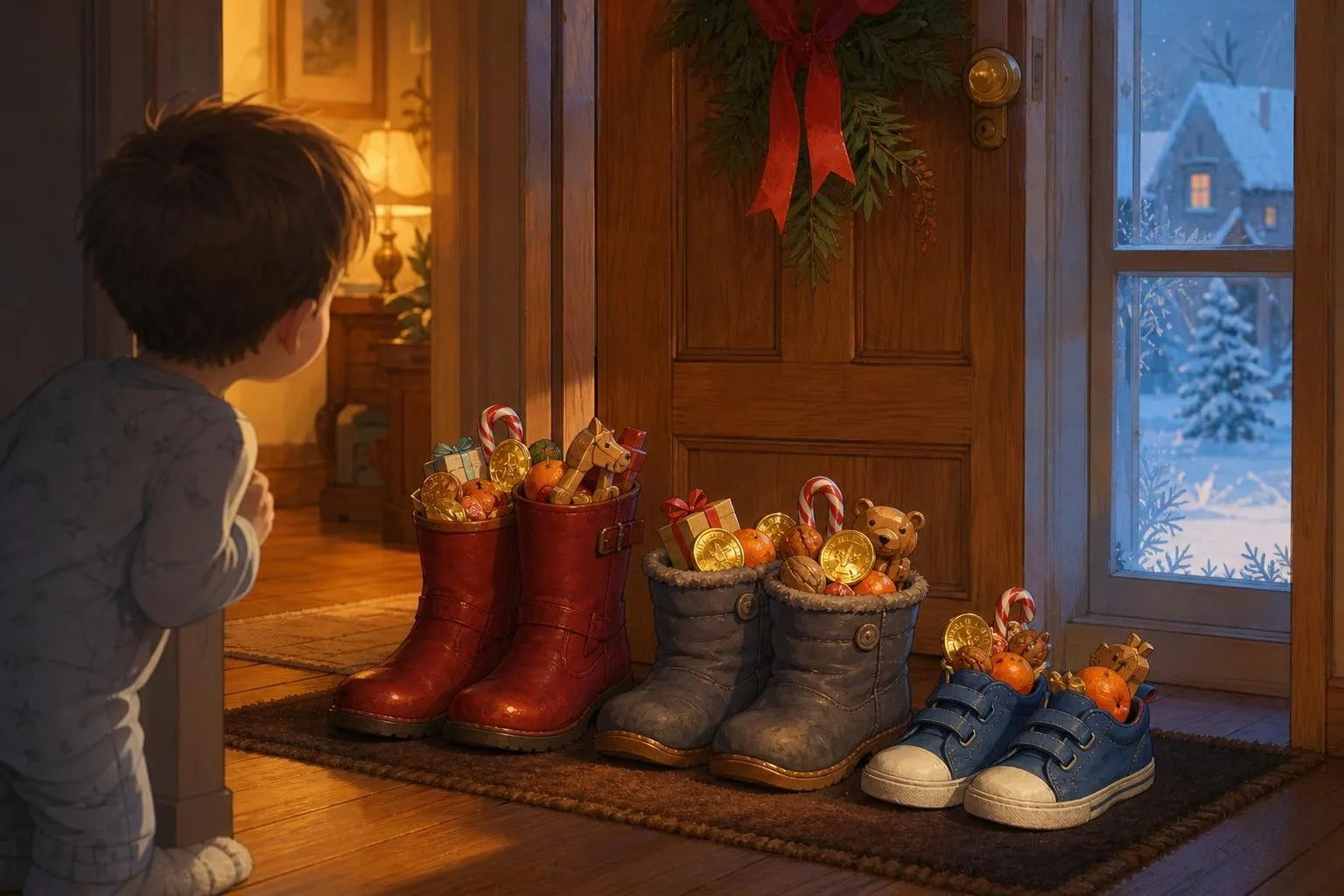 Botas y zapatillas de niños junto a la puerta la mañana de San Nicolás, llenas de monedas de chocolate, mandarinas, frutos secos y bastones de caramelo, mientras un niño se asoma por la esquina