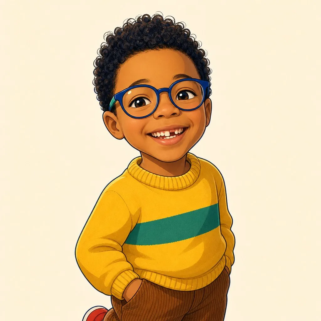 Theo als Comicfigur: ein Junge mit schwarzen Locken, blauer Brille und einer Zahnlücke vorne, im gelben Pullover des Comichelden.