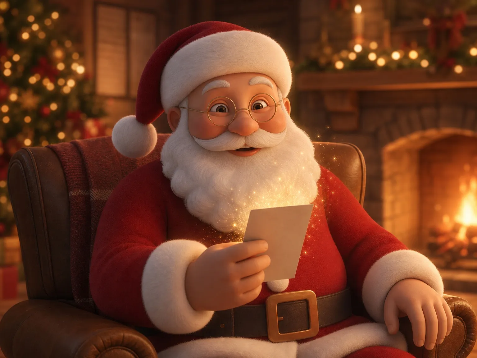 Animated Santa in an armchair by the fireplace, smiling at a card he is reading